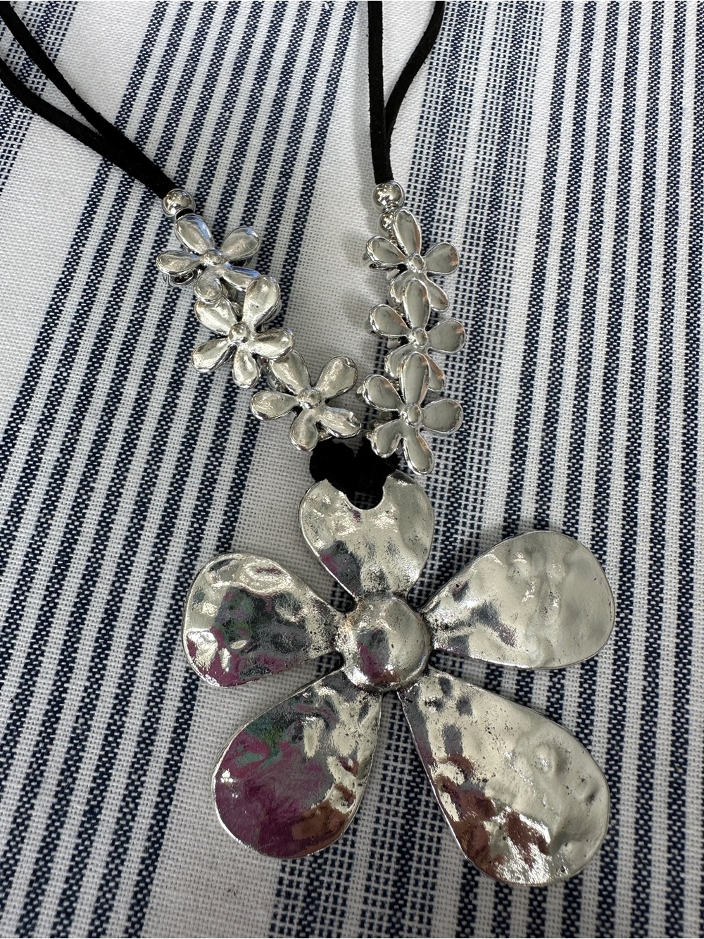 Silver Floral Pendant Necklace - Black Cord